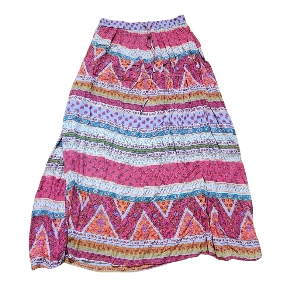 Bohemian Maxi Peasant Skirt Multicolor Pull On Drawstring Side Slits XL